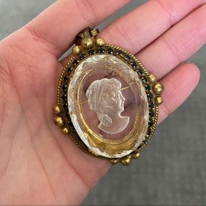 SOLD - Vintage Cameo Brooch Necklace Gold + Glass